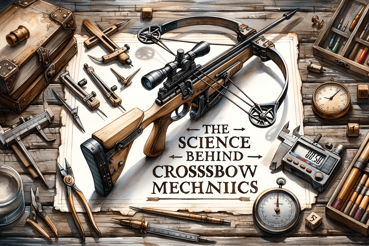 A watercolor painting of a crossbow placed on an old wooden table surrounded by vintage scientific instruments like compasses and calipers