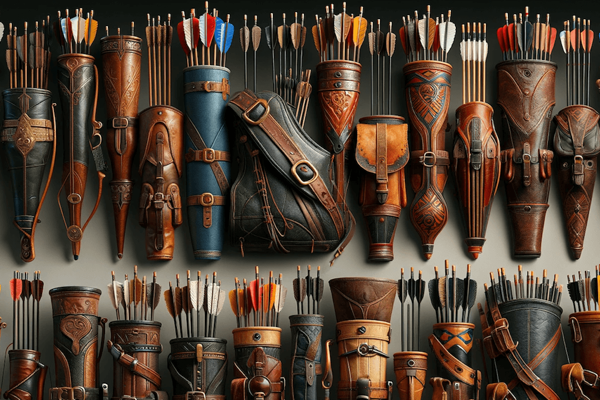 An array of various styles of quivers each designed to hold arrows dall e