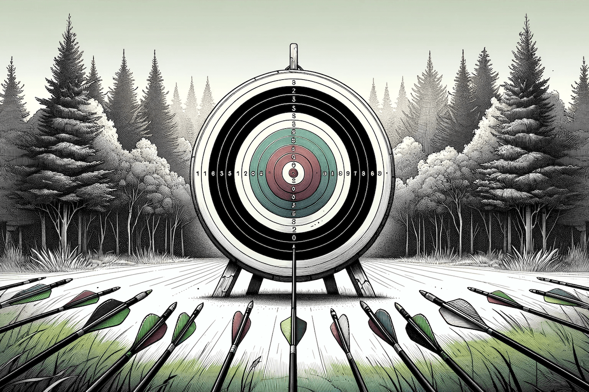 An expansive line art illustration of an archery target scene with a hint of color dall e