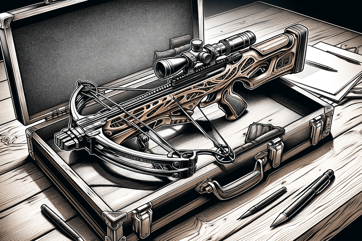 An illustrated scene of a crossbow on a wooden desk next to its case dall e