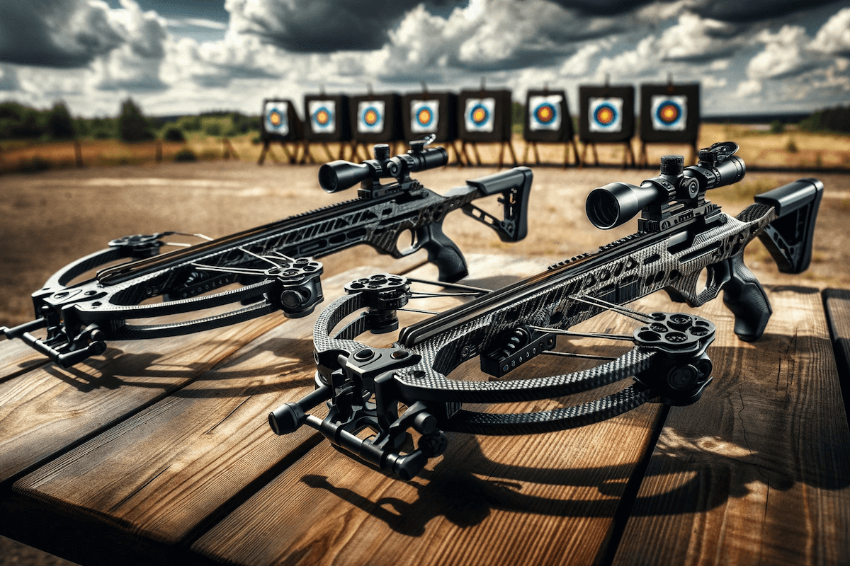 Image of two modern compound crossbows lying side by side on a wooden table at an outdoor shooting range.